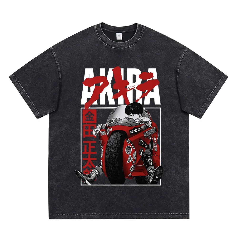 Japanese Anime Akira Washed Vintage T Shirt Science Fiction Cartoon Movie Shotaro Kaneda T-shirt Men Women Cotton Casual T-shirt