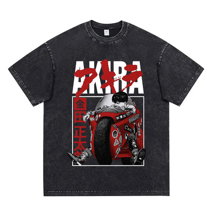 Japanese Anime Akira Washed Vintage T Shirt Science Fiction Cartoon Movie Shotaro Kaneda T-shirt Men Women Cotton Casual T-shirt