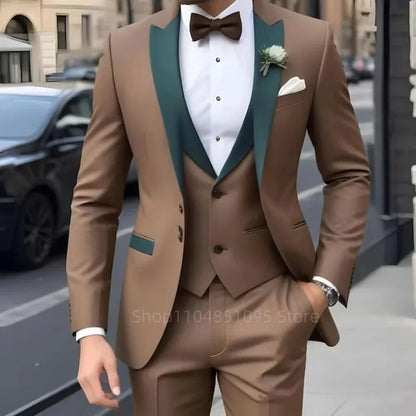 Brown Peak Lapel 3 Piece Men's Tuxedos Fashion Single Breasted Formal Men's Clothes Intelligent Casual Wedding Tuxedos