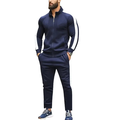 2025 Spring Autumn Men's 2-Piece Set Color Blocking Zipper Stand Collar Casual Sports Jacket Sweatshirt Trousers Suit
