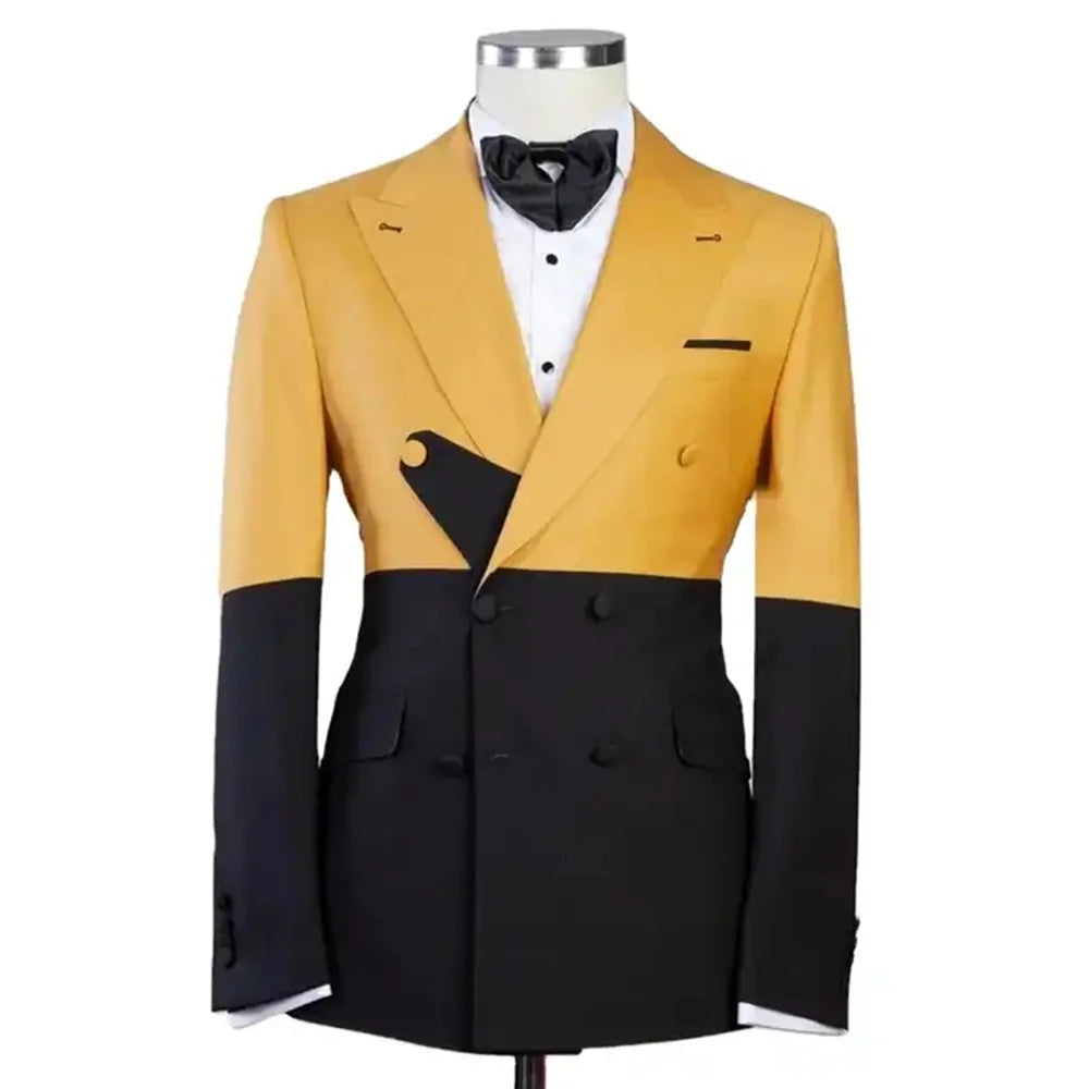 Double Breasted Men Suits Light Yellow/Black Groom Tuxedos Peak Lapel Groomsmen 2 Pieces Set ( Jacket + Pants + Bow tie ) D499