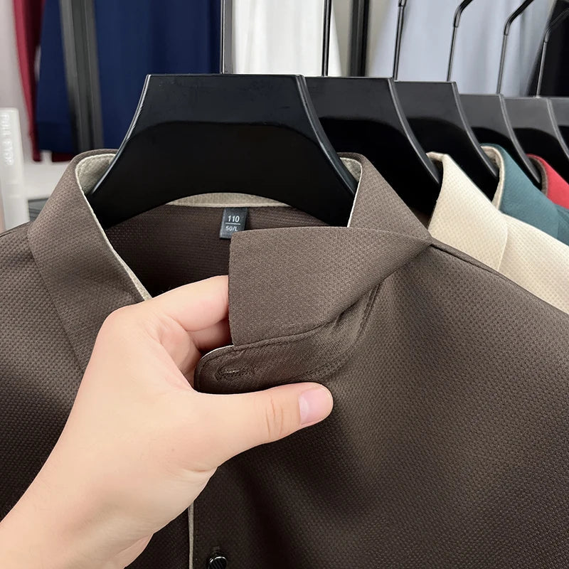 Men's High End Brand Print Solid Color Lapel Polo Shirt Autumn New Skin Friendly Long Sleeved T-shirt Fashion Versatile Menswear