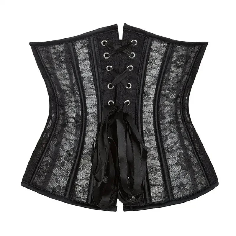 Women Underbust Corset Tops Black White Transparent Mesh Lace Bustier Plastic Bones Basques Body Shaper Waist Cincher Korset