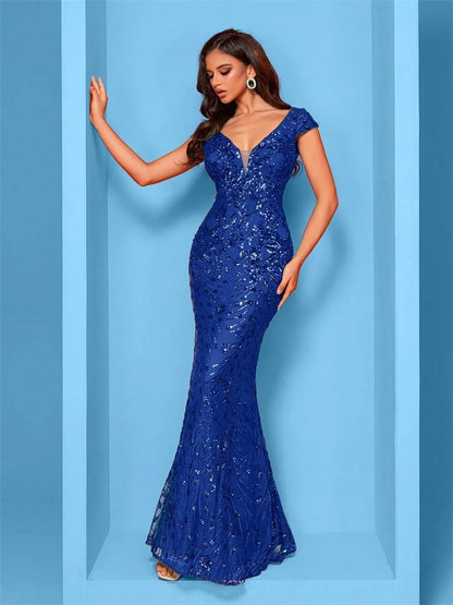 Elegant Champagne Evening Dress For Women Long 2024 Luxury Mermaid Formal Sequins Prom Wedding Party Cocktail Dresses