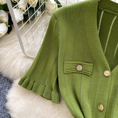 Fashion Vintage Knitted Long Dress Spring Summer Women Elegant V-neck Ruffled Bodycon Sweater Dress Party Vestido