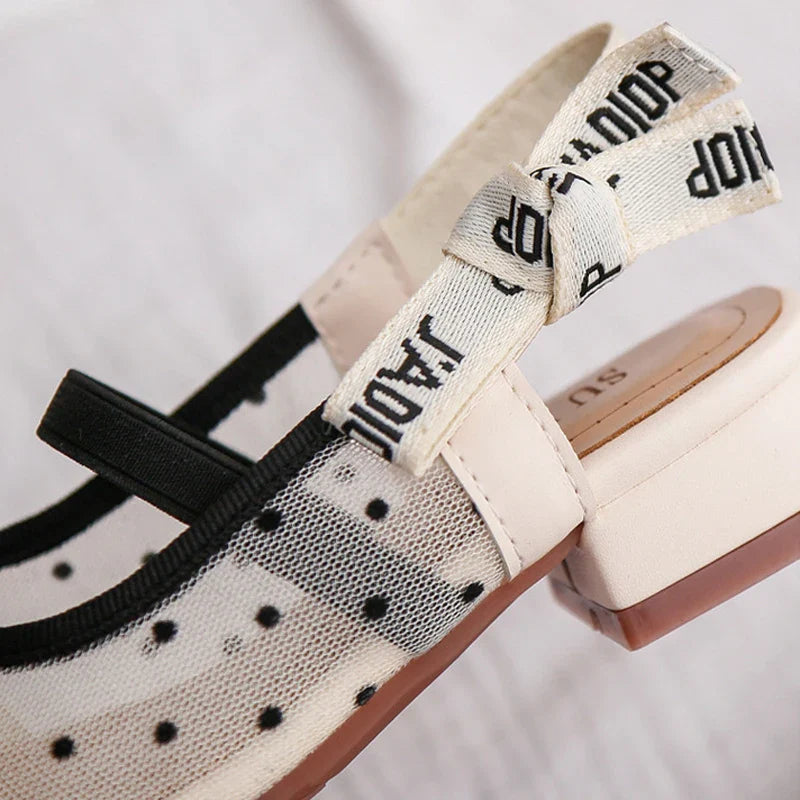 Mesh Black White Polka Dot Shoes Sandals for Girls with Heels Mules Sling Back Shoes for Girls Luxury Shoes for Girls To Dress