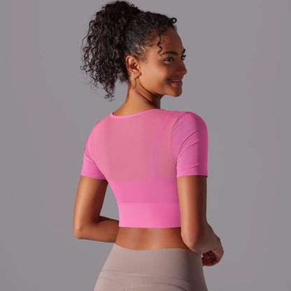 Women's Mesh Yoga Shirt Sexy Short Sleeve T-Shirt Sport Top Blouse Cover Up Quick Dry Gym Clothes Running Fitness Tank Sportwear