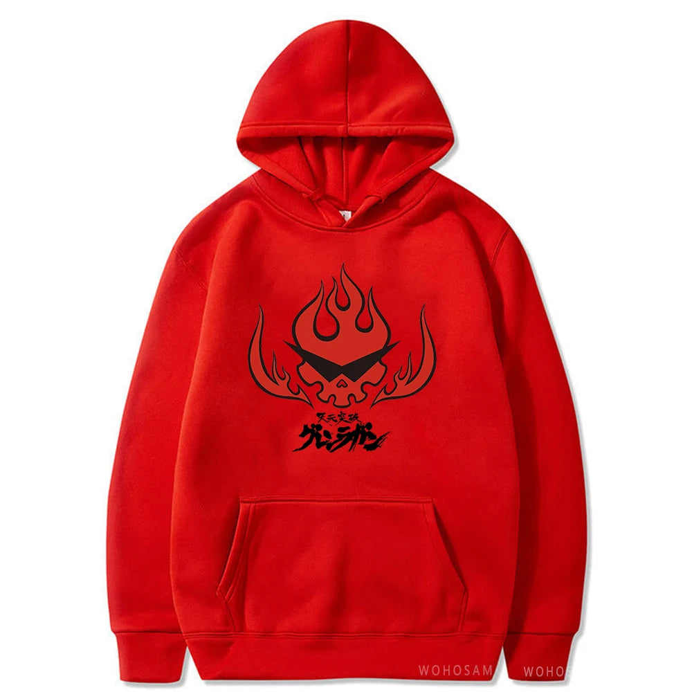 Anime Tengen Toppa Gurren Lagann Letter Hoodies Harajuku Flaming Skull Red Graphic Autumn Winter Warm Patchwork Sweatshirts