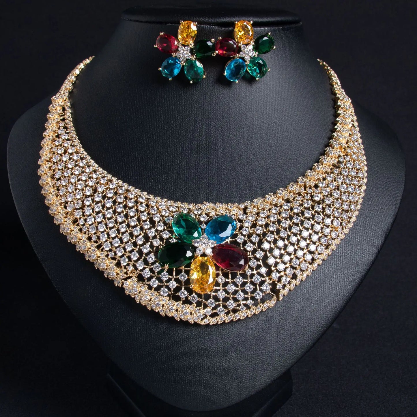 Cubic Zirconia Inlaid Hollow Leaf Flower Pendant Earrings and Necklace Jewelry Set