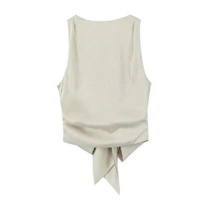 Women Sexy Fashion With Tied Satin Back Open Crop Blouses O Neck Sleeveless Female Shirts Blusas Chic Tops