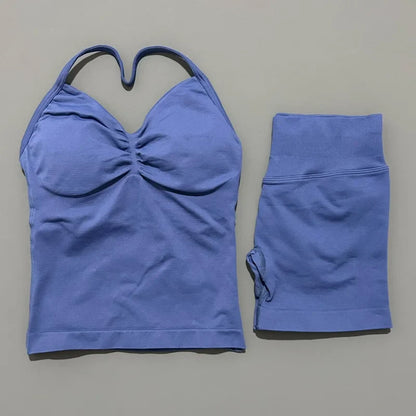 No Logo 2 Pies Sports Set Women Backless Tank Yoga Tops High Waist Scrunch Seamless Shorts Sport Gym Set Sportswear Workout Set