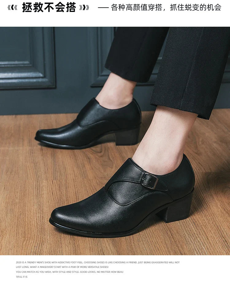 Dress Shoes Man Thick Heel Brogue Leather Men Wedding Party Social Shoe Male Business Casual White Platform Formal Shoes For Men