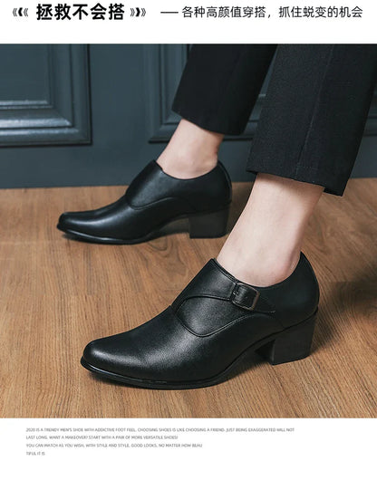 Dress Shoes Man Thick Heel Brogue Leather Men Wedding Party Social Shoe Male Business Casual White Platform Formal Shoes For Men