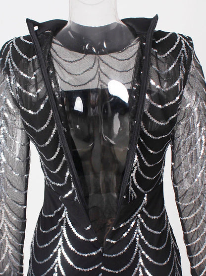 Vestido Formal Longo de Festa com Lantejoulas, Manga Comprida, Gola O Alta, Ombreiras, Forro Comprido, Vestido de Noite para Festa