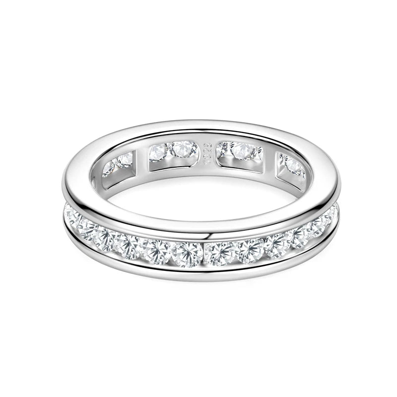 S925 Silver Groove Inlaid D VVS1 Round Moissanite Ring for Women Fashion Wedding Ring Eternity Band with Certificate