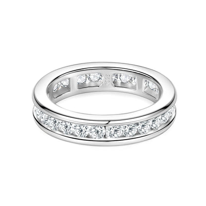 S925 Silver Groove Inlaid D VVS1 Round Moissanite Ring for Women Fashion Wedding Ring Eternity Band with Certificate