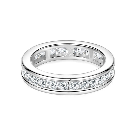 S925 Silver Groove Inlaid D VVS1 Round Moissanite Ring for Women Fashion Wedding Ring Eternity Band with Certificate