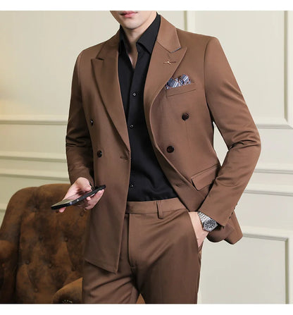 ( Blazers + Pants ) Boutique Fashion Solid Color Double-breasted Men's Casual Business Slim Suit 2-piece Set Groom Wedding Dress