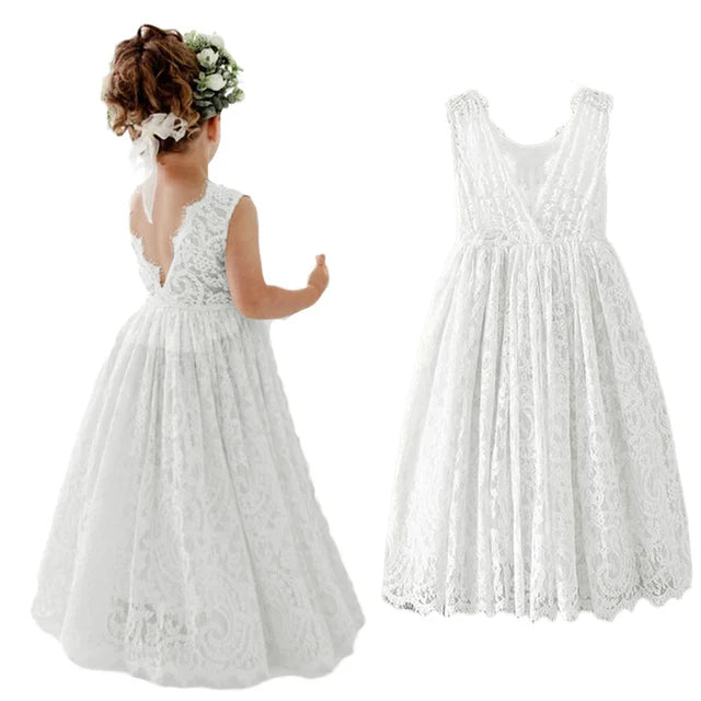 Princess Girls Lace Bohemia Long Dresses Baby Kids Flower Wedding Party Dress Cotton Lining Vestidos Costume Children Clothing