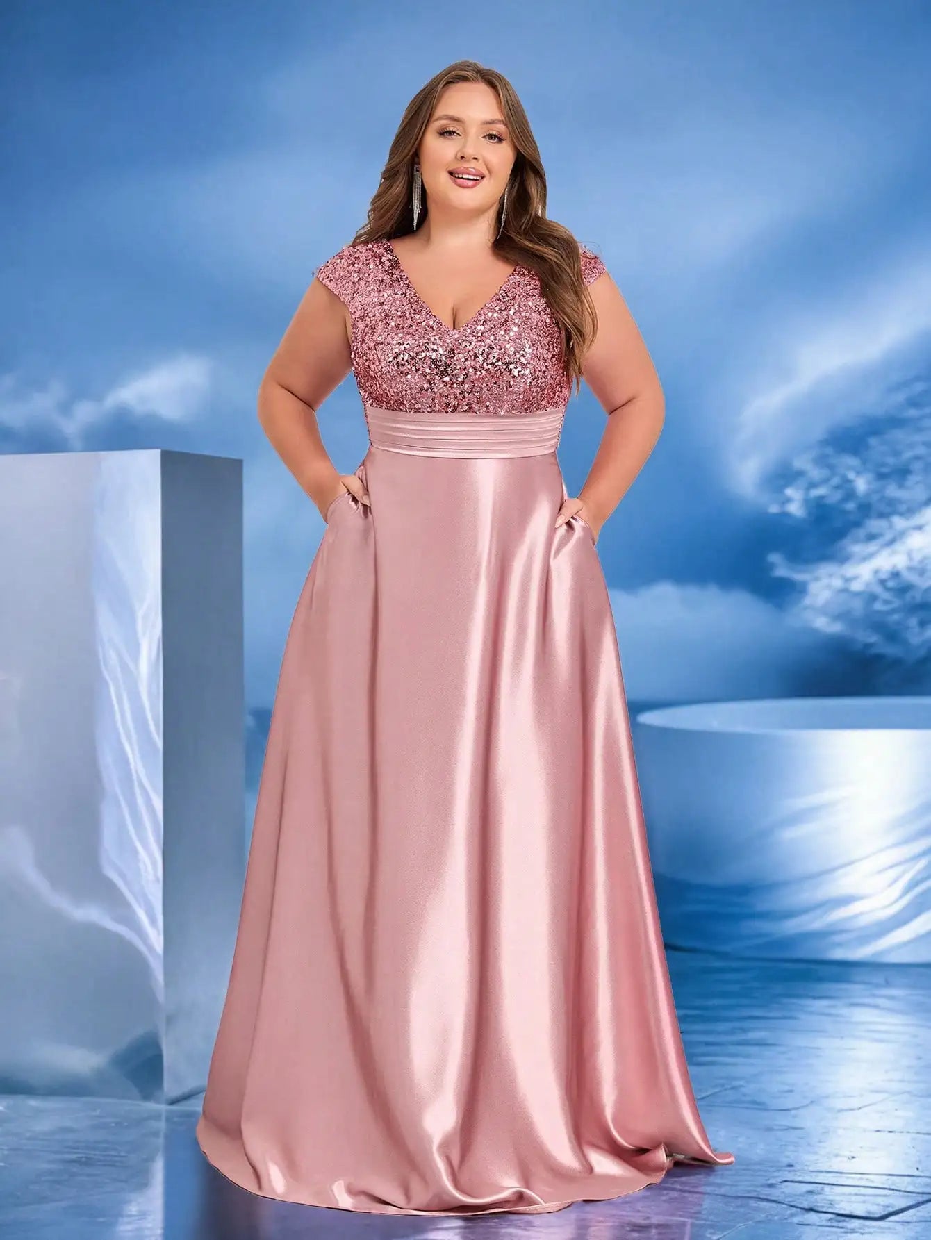 Plus Size Elegant V-Neck Green Sequin Evening Dress Long Luxury Women Satin Short Sleeves Party Prom Cocktail Prom