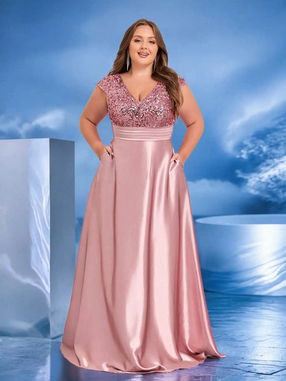 Plus Size Elegant V-Neck Green Sequin Evening Dress Long Luxury Women Satin Short Sleeves Party Prom Cocktail Prom