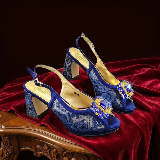 Italian Luxury Rhinestone Taro Royal Blue Open Toe High Heel Shoe And Bag Set for Women - Perfect for Parties Wedding