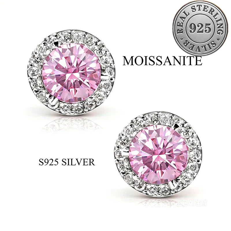 100% moissanite 925 Sterling Silver 6.5mm halo stud earring rose gold  Ear  Jewelry with GRA  pink moissanite earring for women