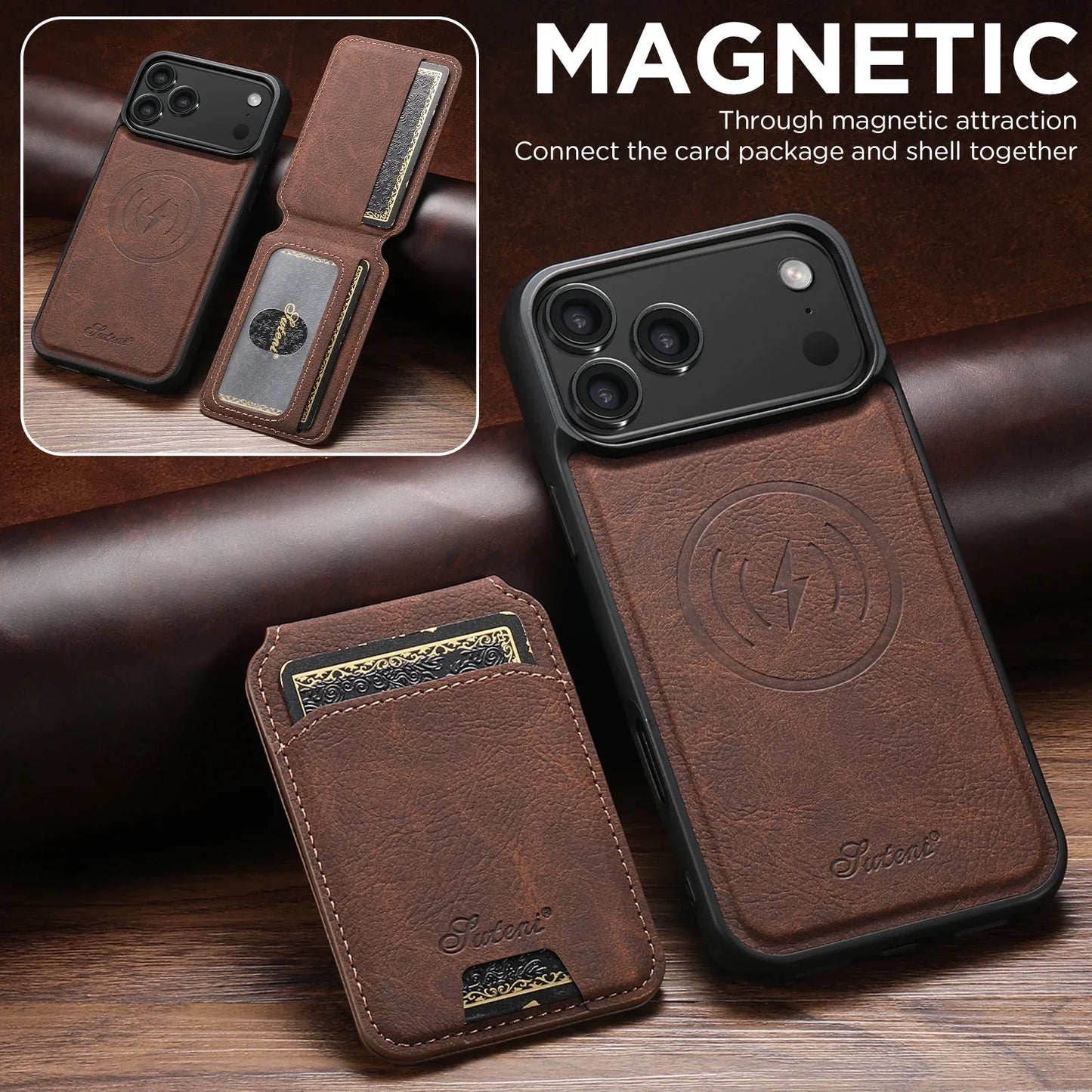 Wireless Charging Phone Case Magnet Card Holder Stand Faux Leather For iPhone 17 Pro Max 16 Plus 15 14 13 12