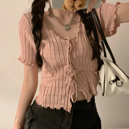TShirt For Women V-neck Summer Simple Versatile Casual Crop Tops Bandage Ribbed Short Sleeve Women's Top T-Shirt Girl