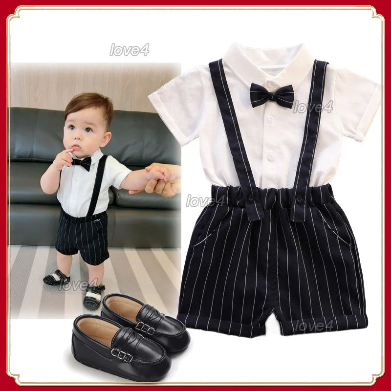 Gentleman Baby Boss Suit White Polo Shirt Stripe Straps Shorts Set 1st Birthday Outfit for Baby Kids Boys Wedding Party Tuxedo