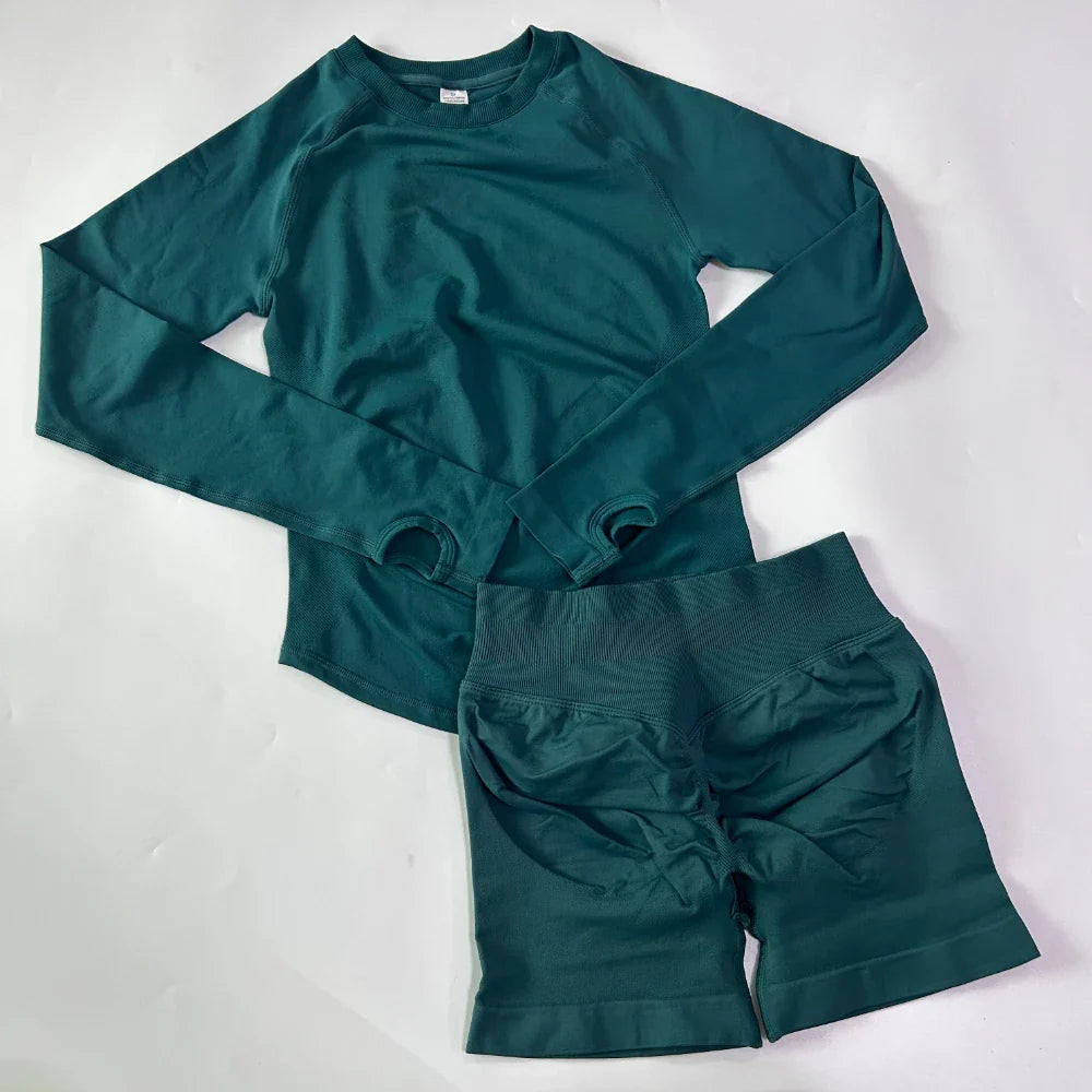 2 Pieces Set Women Longline Long Sleeve Gym Crop Top High Waist Workout Shorts Sports Suit Fitness Clothes Seamless Yoga Set