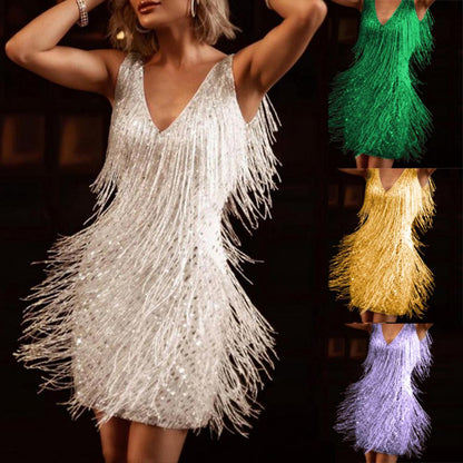 Elegant Dress Stretchy Tassel Sequins Decor Sexy Bodycon Mini Dress Pure Colors Above Knee Summer Dress Club Wear