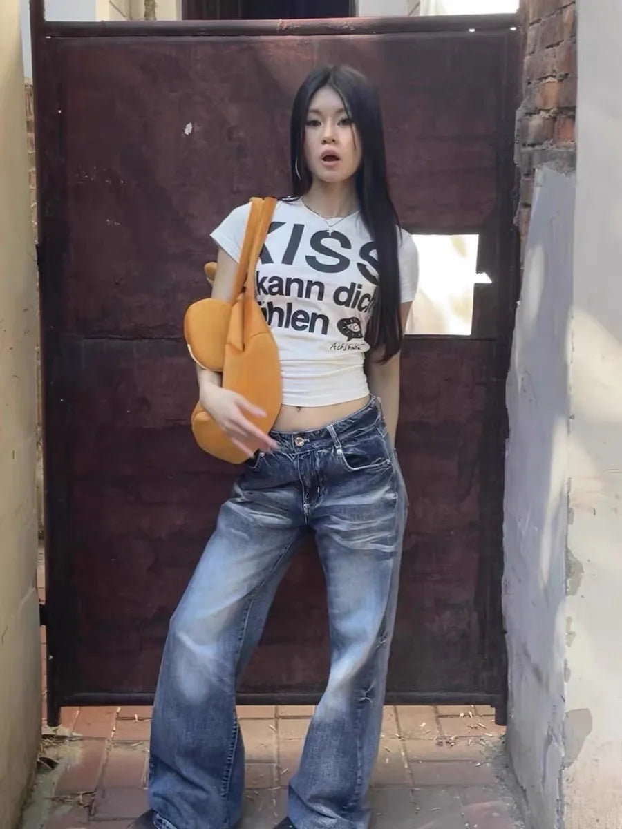 Japanese Y2k Letter Print T-shirt Trashy 2000s Style Crop Top Vintage Harajuku Short Sleeve Tee Shirt American Retro 90s