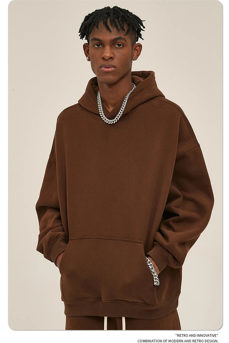 Thick 350gsm Fleece Hooded Hoodies For Men Unisex Winter Oversized Loose Basic Solid Sweatshirts Pullovers Coats HY0631