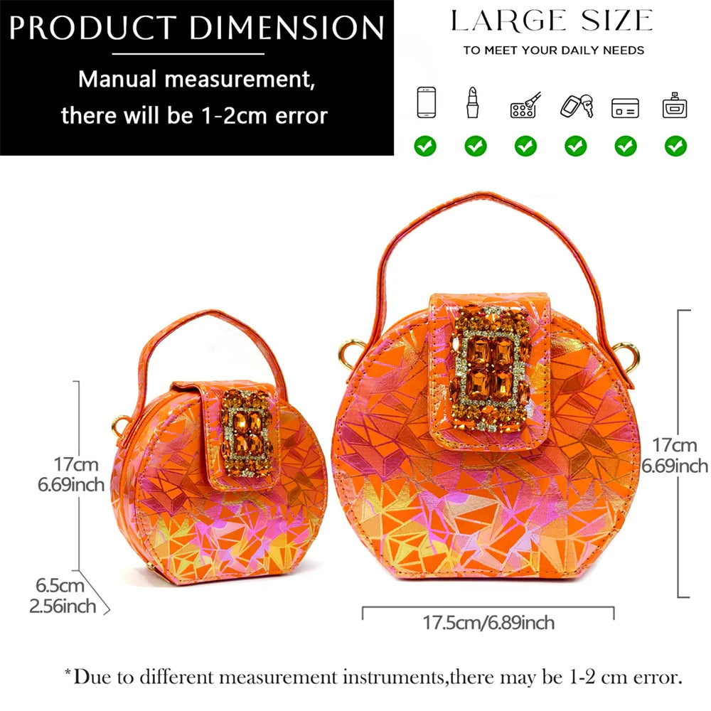 Elegant Women Heels for Peep Toe Good Material Design Rhinestone Fuchsia Sandals Italian Shoes and Bags Matching Set 2025