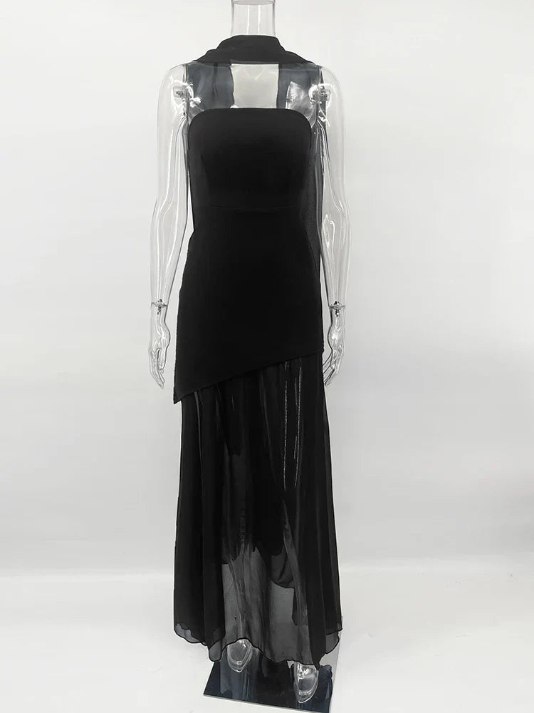 Fashion Strapless Dress With Ribbon Female Elegant Sleeveless Mesh Beach Vacation Long Dress 2025 Spring New Women Dress