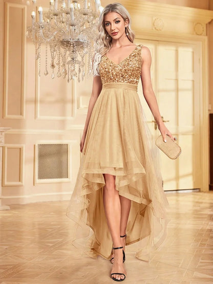 Elegant Women Sleeveless Sequins V-Back Floor Length Formal Evening Dresses Luxury V-neck Wedding Party Cocktail Gowns