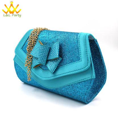 Italian Women Shoes Matching Bag Set in Sky Blue Color Comfortable Heels with Appliques for Wedding