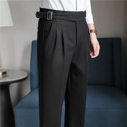 Luxury Men's Slim High-Rise Dress Pants - Heavyweight Subtle Stripe with 3D Pleats & Naples Tailoring