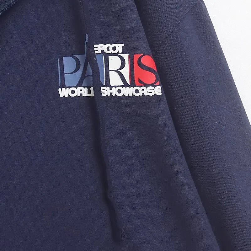 Mickey Mouse Paris Letter Cartoon Print Fleece Sweatshirt Fashion Unisex Women Pockets Hooded Zip Up Jumper Tops