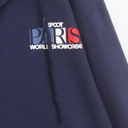 Mickey Mouse Paris Letter Cartoon Print Fleece Sweatshirt Fashion Unisex Women Pockets Hooded Zip Up Jumper Tops