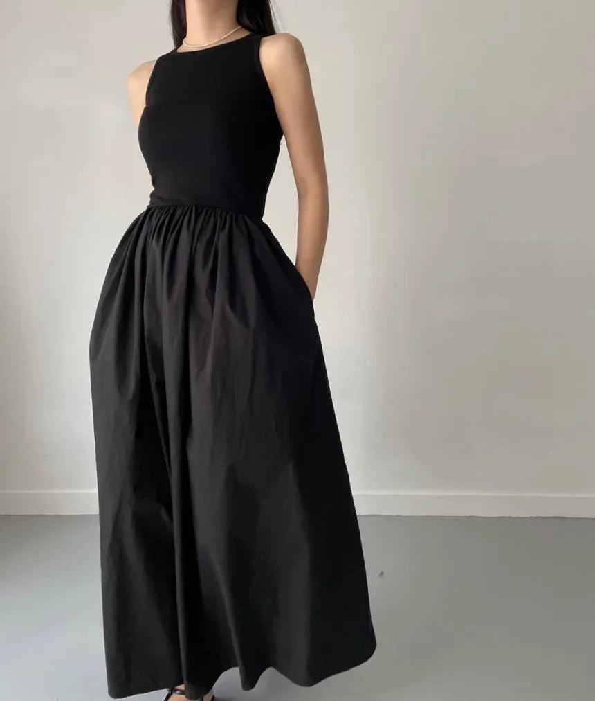 Simple Elegant Black Long Dresses For Women Round Neck Sleeveless High Waist Temperament Female Fashion Style Dress