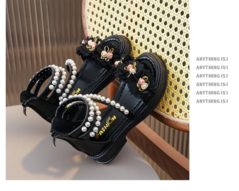 Children's Sandals for Girls Elegant Sandals Pearl Beading Sweet Princess Dress Shoes Kids High-top Roman Sandals Back Zipper
