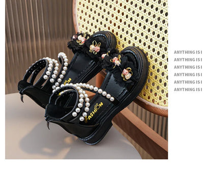 Children's Sandals for Girls Elegant Sandals Pearl Beading Sweet Princess Dress Shoes Kids High-top Roman Sandals Back Zipper