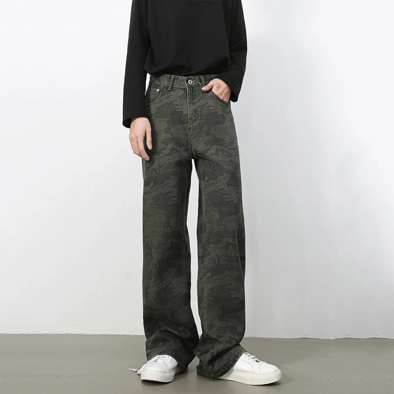 Tide Camouflage Jeans Men's Ins Loose Straight Wide Leg Casual Denim Pants Loose Male Trousers 12C2036