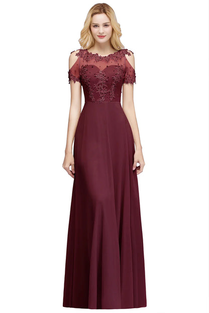 New Burgundy Evening Dresses Illusion Lace Appliques O-Neck Short Sleeve Prom Dress Sheer Back A-Line Long Formal Party Gowns