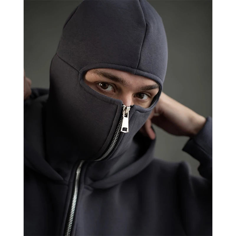 Men's Double Hat Mask Zipper Design Winter Windproof Hoodie Sports Jacket Outdoor Activities Hiking Travel Running Sweatshirt ﻿