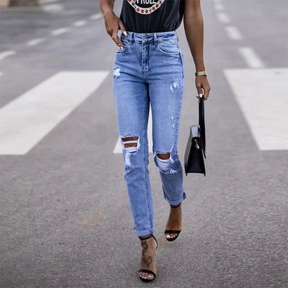 Stretch Broken Hole Straight Tube High-waisted Jeans, Women's Spring/autumn Close-fitting Hip Lift Grinding Broken Long Jeans