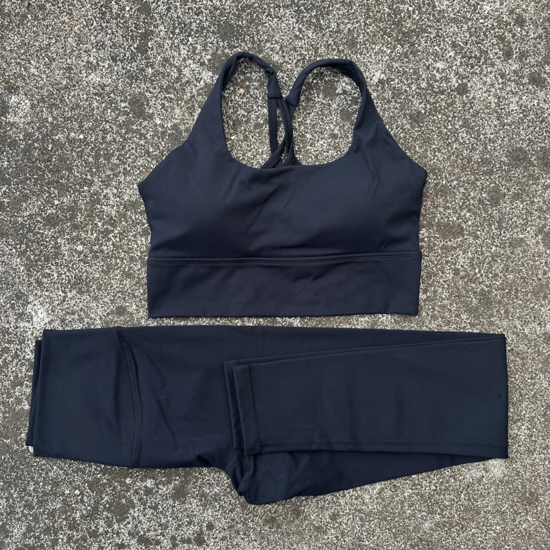 Solid Color Women Gym Yoga Set Shoulder Strap Cross Back Push Up Sport Bra High Waist Yoga Leggings 2pc Sportwear Workout Wear