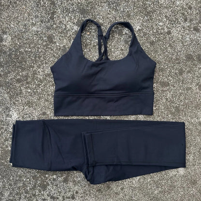 Solid Color Women Gym Yoga Set Shoulder Strap Cross Back Push Up Sport Bra High Waist Yoga Leggings 2pc Sportwear Workout Wear